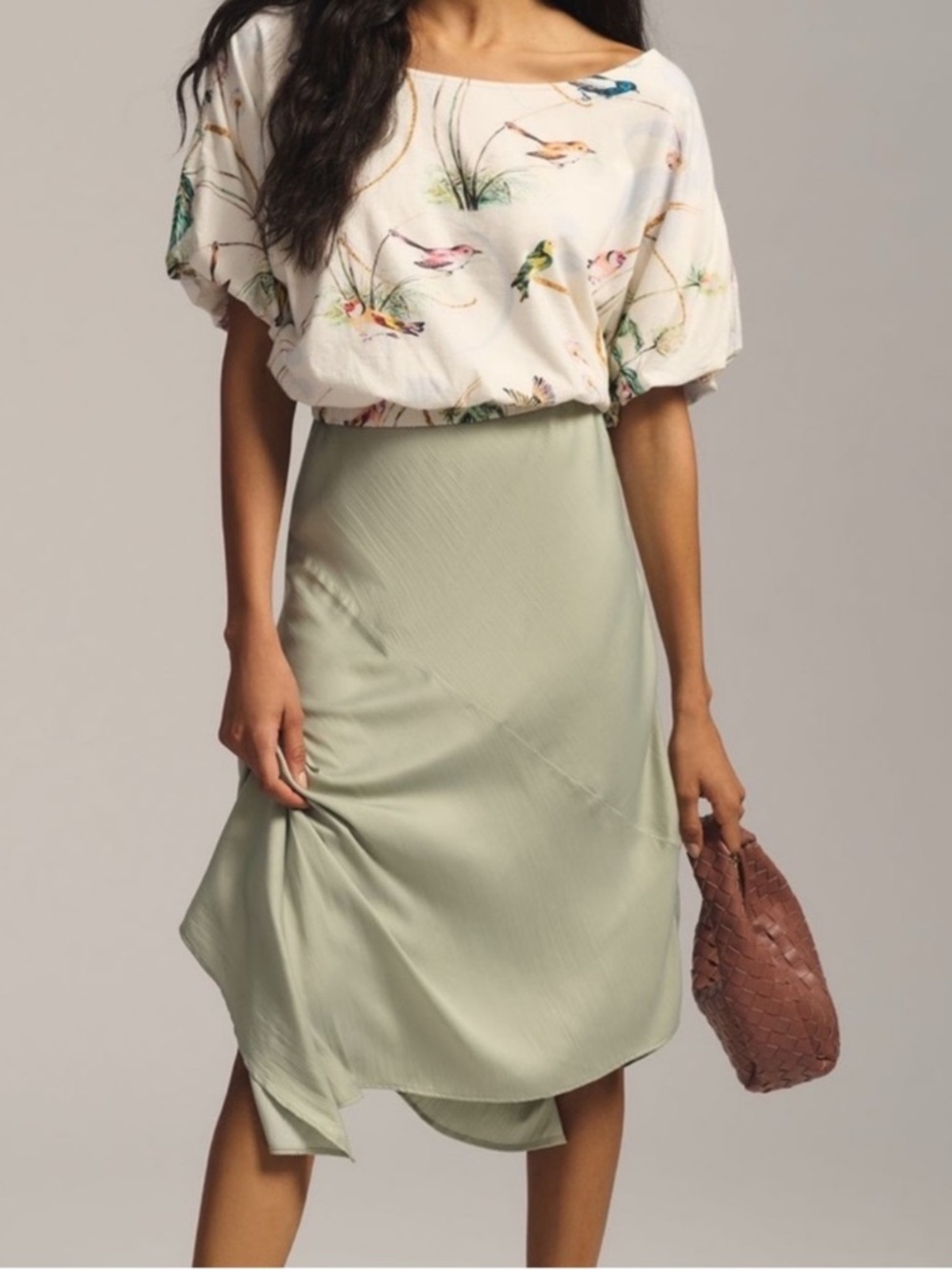 Anthropologie Maeve Boatneck Cotton Vintage Bird Print Bubble Sleeve Lined Top